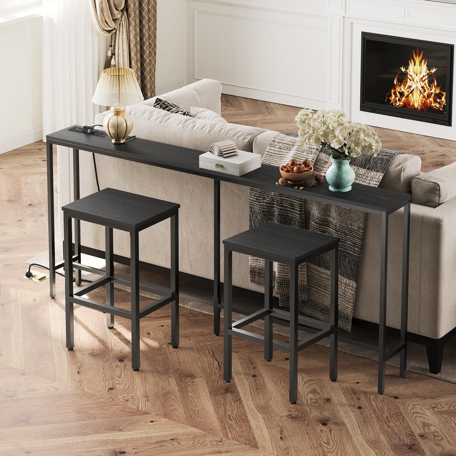 MAHANCRIS Console Table with Power Outlet, 180 CM Narrow Sofa Table, Industrial Entryway Table with USB Ports, Behind Couch Table for Entryway,