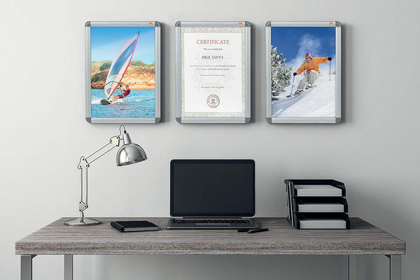 Nobo A3 Poster Frame Sign Holder With Snap Frame, Wall Mounted, Aluminium Trim, Anti-Glare Protective Cover, Premium Plus, Silver, 1902213