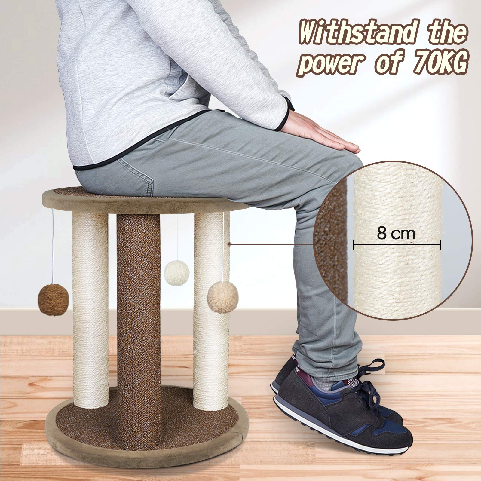 Aibuddy Cat Scratching Post, Scratching Tower with 3 Scratcher Posts?Carpeted Base Play Area and Perch (Cat Interactive Toys, Dangling Ball,East to