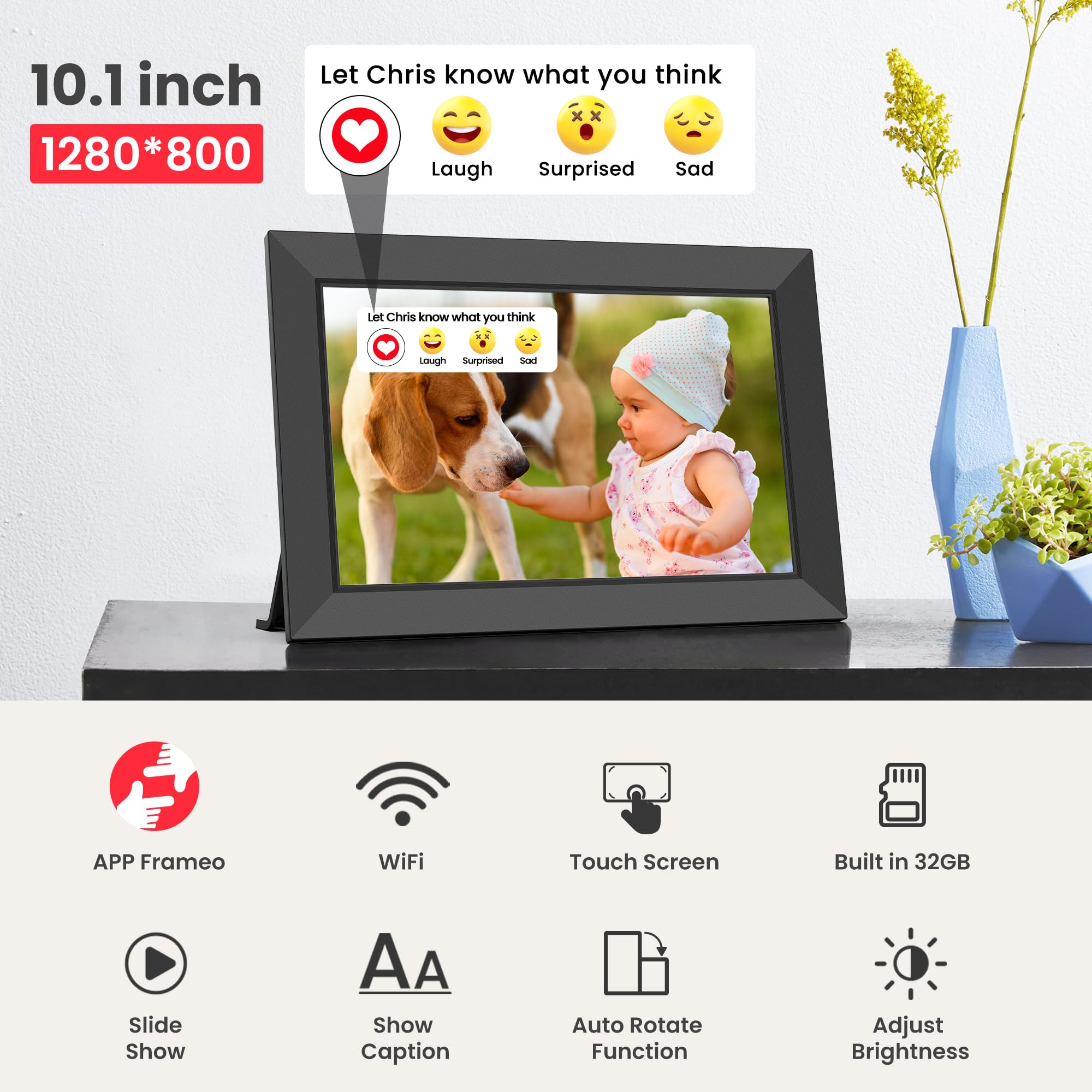 Frameo WiFi Digital Photo Frame 10.1 Inch - 1280x800 HD IPS Touch Screen Picture Frame Electronic, 32GB Memory, Auto Rotate, Wall Mountable, Digital PictureFrame for Sharing Photos and Videos