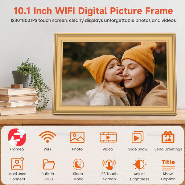 Frameo WiFi Digital Photo Frame 10.1 Inch - 1280x800 HD IPS Touch Screen Picture Frame Electronic, 32GB Memory, Auto Rotate, Wall Mountable, Digital PictureFrame for Sharing Photos and Videos