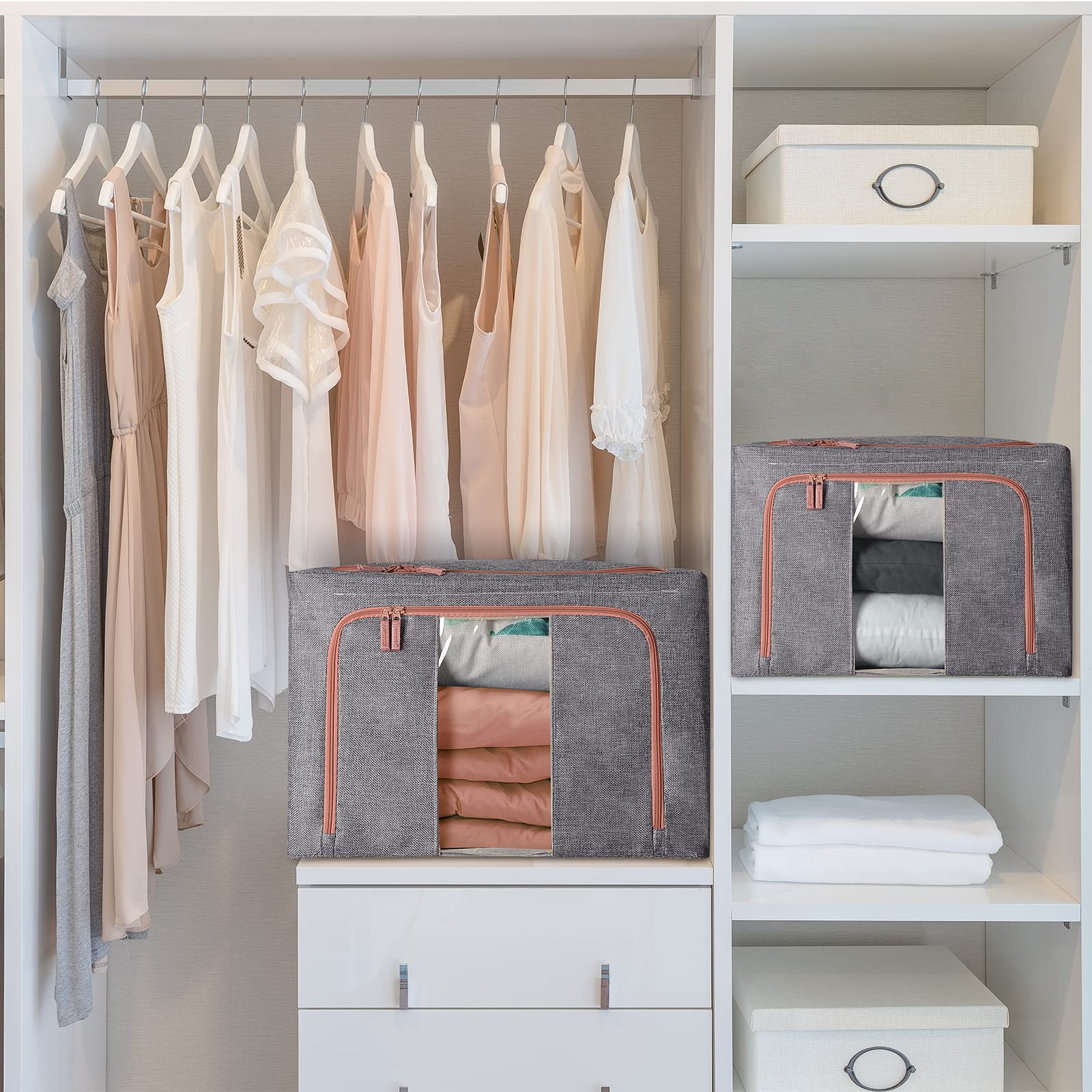 100L Clothes Storage Bag Metal Frame Fiberboard Bottom Thick Breathable Cotton Linen Protect from Moisture Dust Sturdy Handle Double Opening Zipper