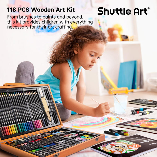 Shuttle Art 118 Piece Deluxe Art Set, Art Supplies in Wooden Case, Painting Drawing Art Kit with Acrylic Paint Pencils Oil Pastels Watercolour Cakes