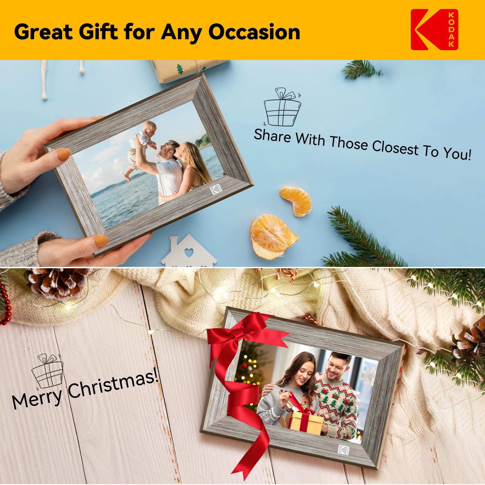 KODAK Digital Photo Frame WiFi Digital Picture Frame 10.1 Inches, FHD 1920*1200 IPS Touchscreen, Wooden Smart Electronic Frame with 32GB Memory, Easy to Share Photo, Video via APP with Your Loved Ones