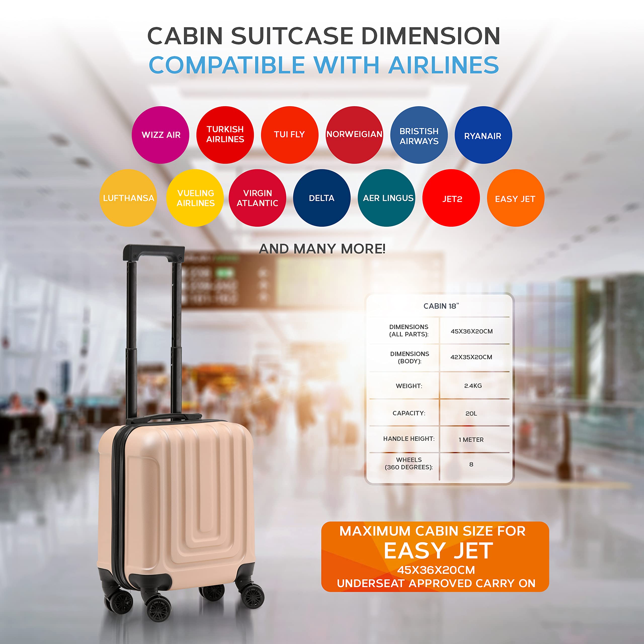 Flight Knight Premium Lightweight Suitcase - Built-in TSA Lock - 8 Spinner Wheels - ABS Hard Shell Check in Highly Durable Luggage - Medium - 67x45x26cm