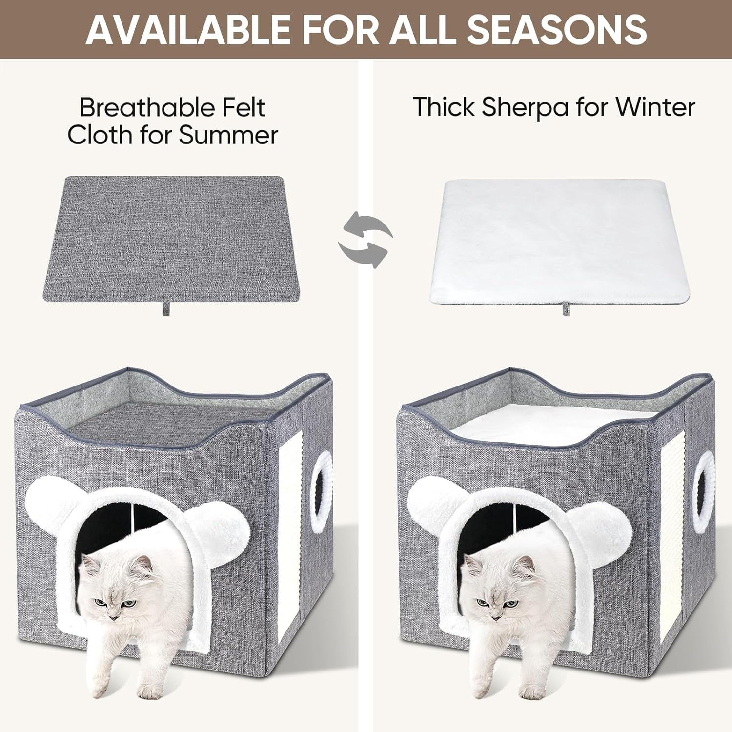 Furjoy Cat Beds, Large Cat Cave for Pet House with Fluffy Ball Hanging and Scratch Pad, Houses & Condos, Cubes, Hideaway, Covered Bed for Multi Small Pet Large Kitty