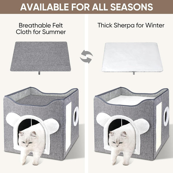 Furjoy Cat Beds, Large Cat Cave for Pet House with Fluffy Ball Hanging and Scratch Pad, Houses & Condos, Cubes, Hideaway, Covered Bed for Multi Small Pet Large Kitty