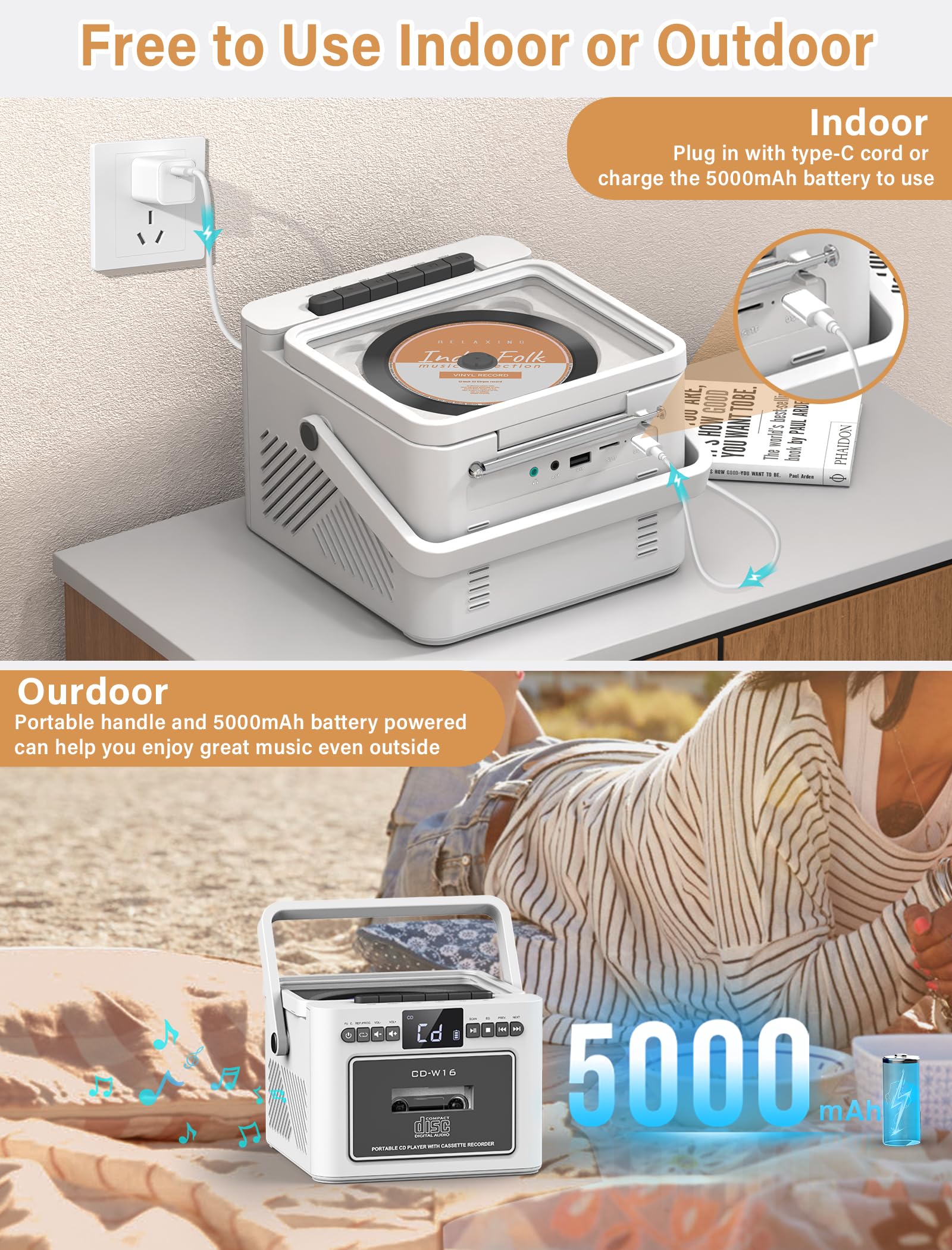 Boombox CD Player with Speakers, CD Cassette Player Combo with Bluetooth, Portable Radio CD Players for Home,5000mAh Rechargeable Battery,Remote control,StereoHifi System,Supports USB/AUX/Micro Card