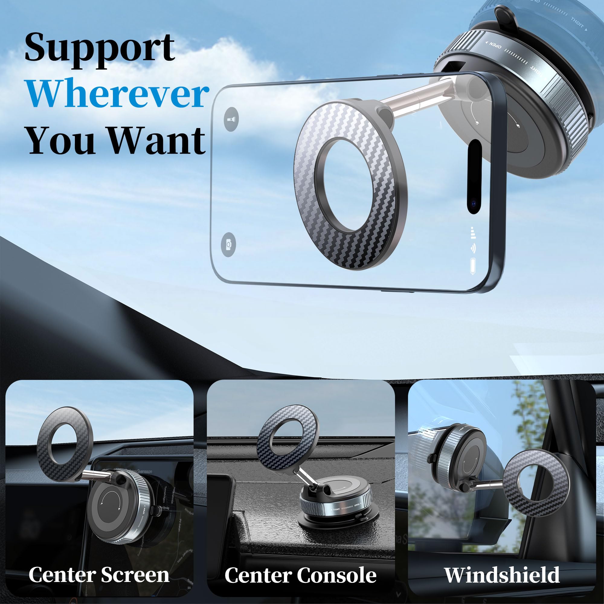 PlusAcc Vacuum Magnetic Phone Holder for Car - Suction Phone Mount 360°Rotatable Foldable Portable Strong Magnet Stand for iPhone16/15/14/13 & Samsung on Mirror,Smooth Surface, Windscreens