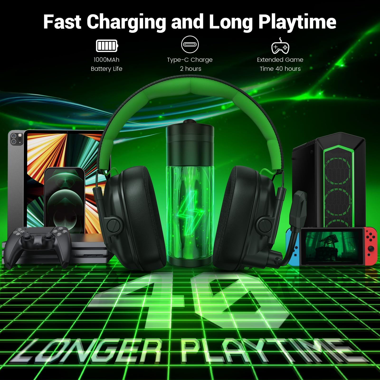 Krysenix KGH2 Wireless Gaming Headset for PS5, PS4, PC, Switch, 2.4GHz Bluetooth Wireless Headphones with Mic, Gaming & Music Dual Mode, ENC, Foldable, Cool LED, 40+ Hrs Battery, White Black