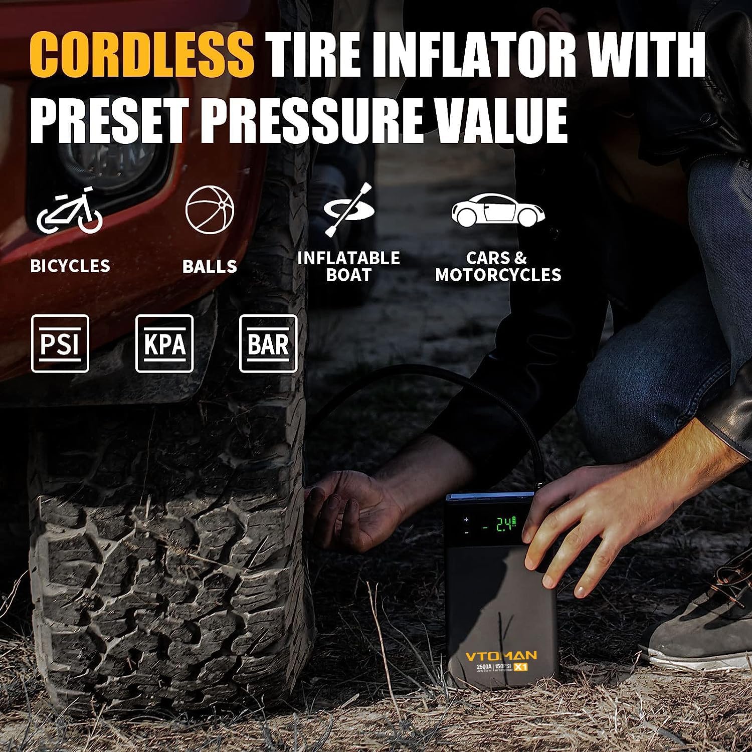 VTOMAN X1 Jump Starter Power pack with Air Compressor 2500A, Portable Car Battery Booster Jump Starter (Up to 8.5L Gas/6.0L Diesel Engines) Jump Pack with 150PSI Digital Tire Inflator