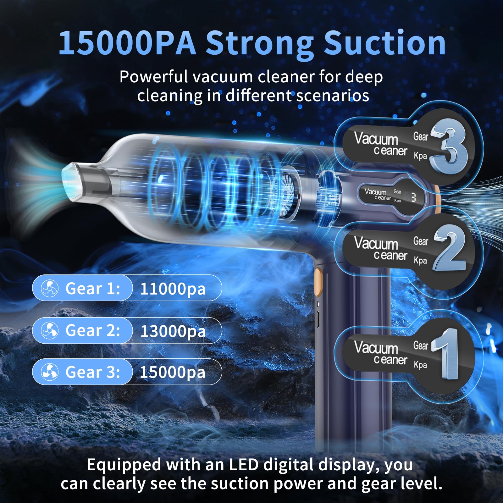 Handheld Car Vacuum Cleaner, 15000Pa Powerful Vacuum Cleaner Cordless, 3 in 1 Lightweight Vacuum & Blower Dust Buster, LED Display, USB Rechargeable Mini Cleaner for Car, Home and Pet Hair Cleaning