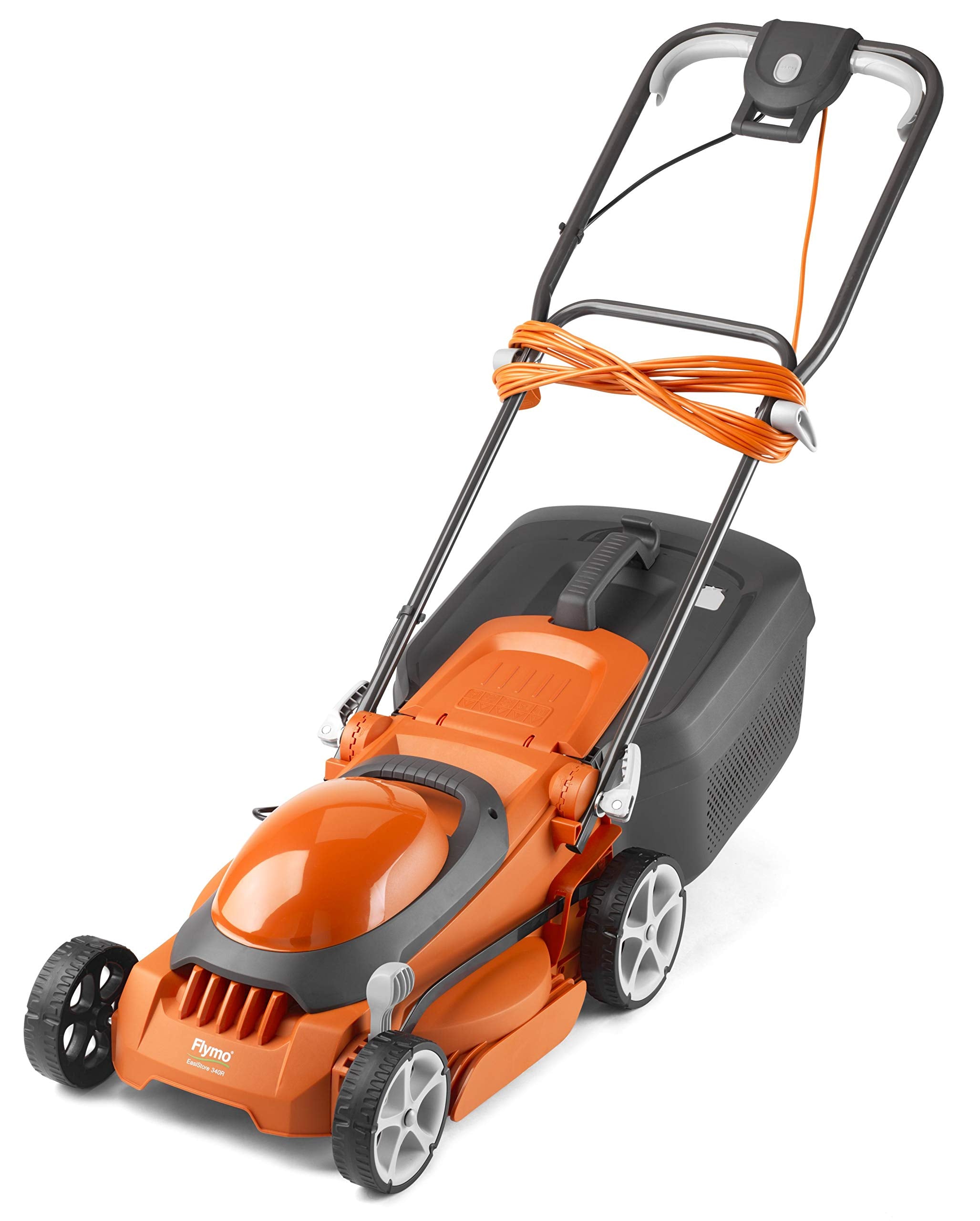 Flymo EasiStore 380R Electric Rotary Lawn Mower - 38 cm Cutting Width, 45 Litre Grass Box, Close Edge Cutting, Rear Roller, Central Height Adjust, Space Saving Storage Features
