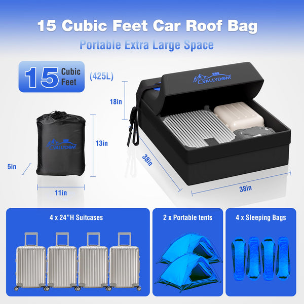 VALLYDOM Car Roof Bag 20 Cubic/560 L, 1680D PVC Waterproof Roof Bag No Need Rack, Roof Box with Anti Slip Pad, 6 Heavy-Duty Straps and Password Lock, Folding Soft Roof Bag for Cars with/Without Rack