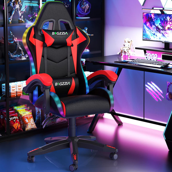 bigzzia RGB Gaming Chair with LED Lights and Ergonomic Computer Chair Reclining PU Leather High Back Video Game Chair with Headrest Adjustable Lumbar Support Linkage Armrest for Adults (Black/Grey)