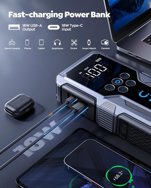 4500A Car Battery Booster Jump Starters with 150PSI Air Compressor/18W Fast Charging/LED Flashlight,UTRAI Jump Starter Power Pack,Portable Powerbank Charger,and Jump Leads for 8.5L Gas/6.5L Diese