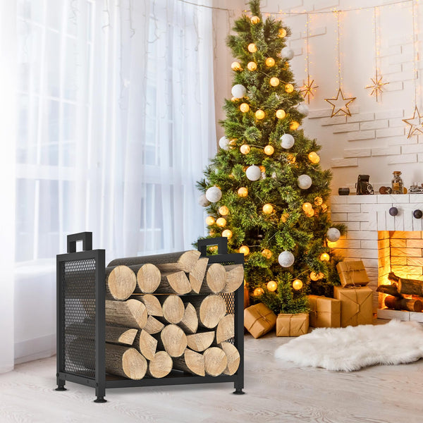 Firewood Rack for Indoor, Heavy Duty Fire Wood Racks Holder, 17.32" Metal Wood Storage Log Holder with Leather Carrier, Small Firewood Stand for