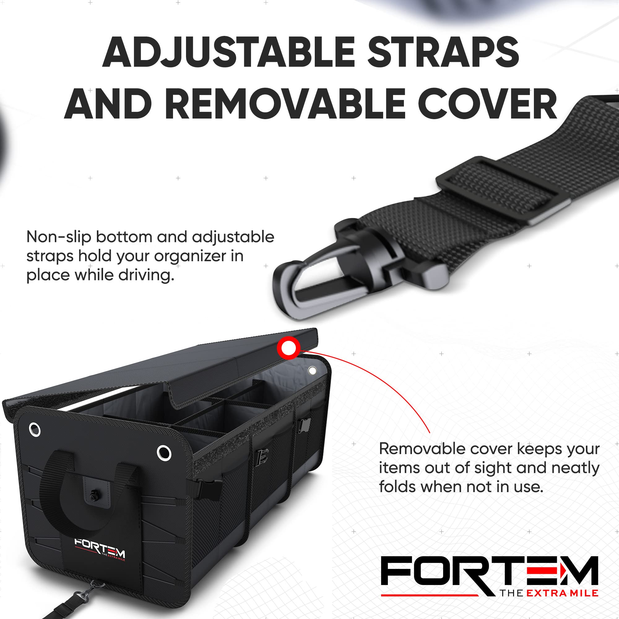 FORTEM Car Boot Organiser, SUV Boot Tidy, Trunk Storage, Collapsible Multi Compartment Car Organiser, Non Slip Bottom, Adjustable Securing Straps, Foldable Cover (65L)