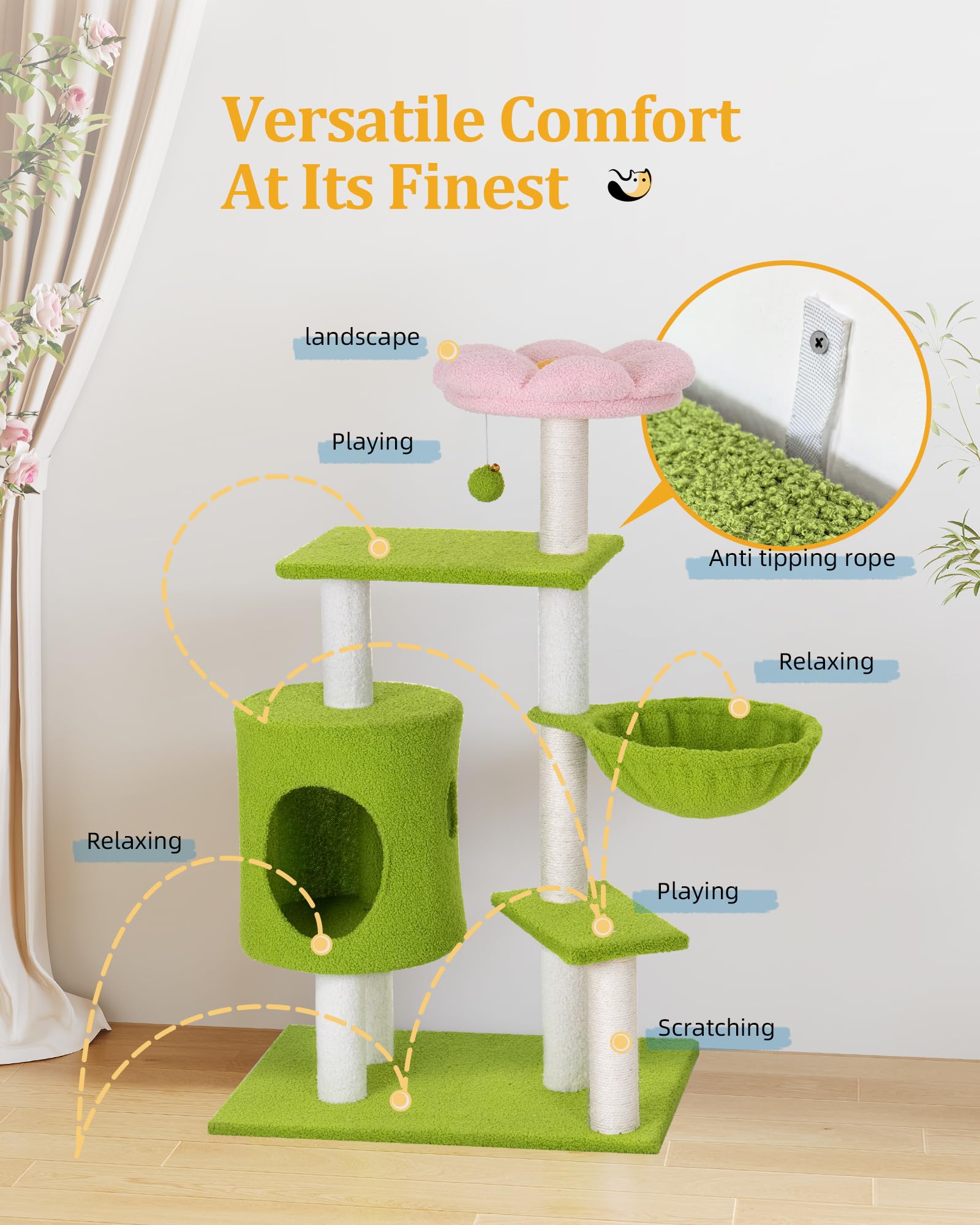 Aechonow 104cm Cute Cat Tree with Scratching Post, Indoor Flower Cat Tower, House Condo and Hammock for Small and Medium Kittens, Green Pink
