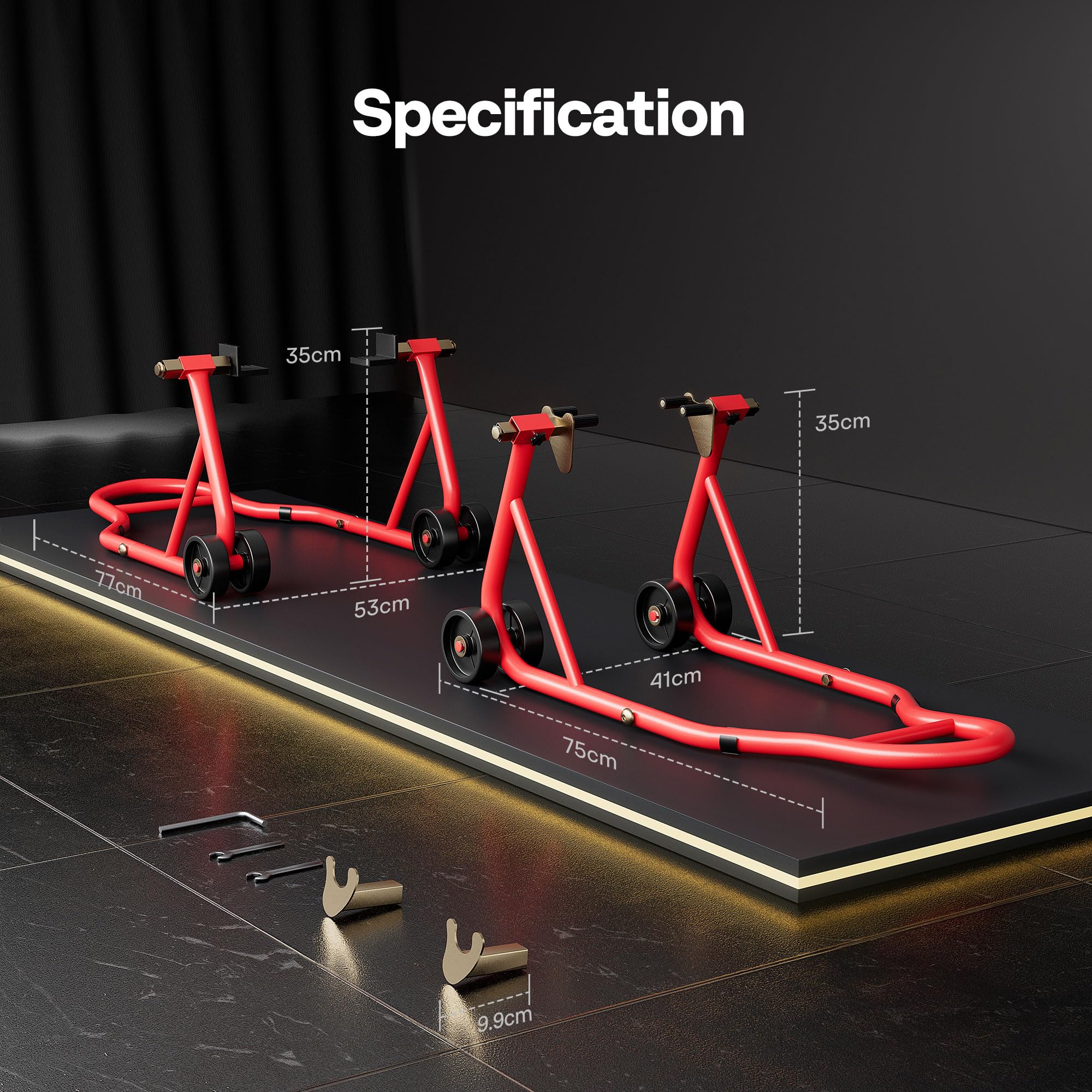 SPECSTAR Motorcycle Paddock Stand Combo 400kg Capacity Front and Rear Wheel Lift with U & L Fork Adjustable Swingarm Spool Stands for Motorbike Garage Repair Use Scissor Stand with 4 Wheels