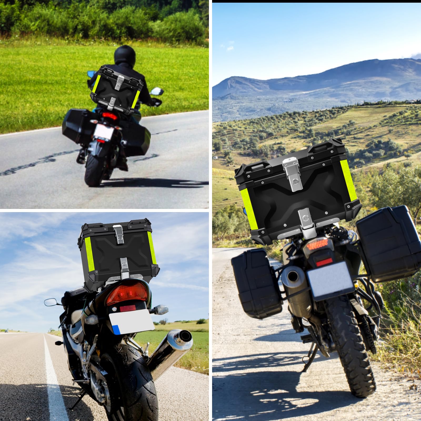 VOKKA Motorcycle Top Box, 65L Aluminium Alloy Waterproof Dustproof and Anti-Theft, Luggage Box for Storage Helmet, Motorbike Top Case with Backrest and Baseplate (Silver)