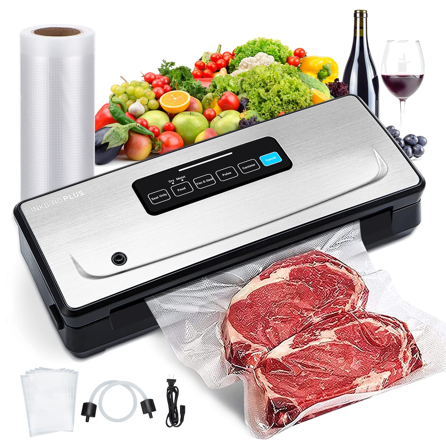 INKBIRD Vacuum Sealer Machine with Seal Bags and Starter Kit,Automatic Food Sealer Machine for Food Preservation,Dry/Moist/Pulse/Canister Mode Vacuum