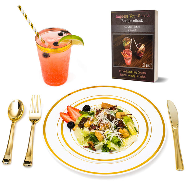 DLux 175 Pieces Gold Plastic Dinnerware Set for 25 Guests, (25 Forks, Knives, Spoons, Cups, Straws, Salad & Dinner Plates) for Wedding and Party,