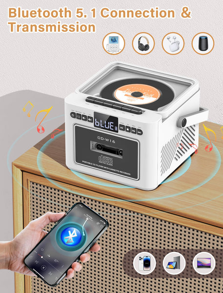 Boombox CD Player with Speakers, CD Cassette Player Combo with Bluetooth, Portable Radio CD Players for Home,5000mAh Rechargeable Battery,Remote control,StereoHifi System,Supports USB/AUX/Micro Card