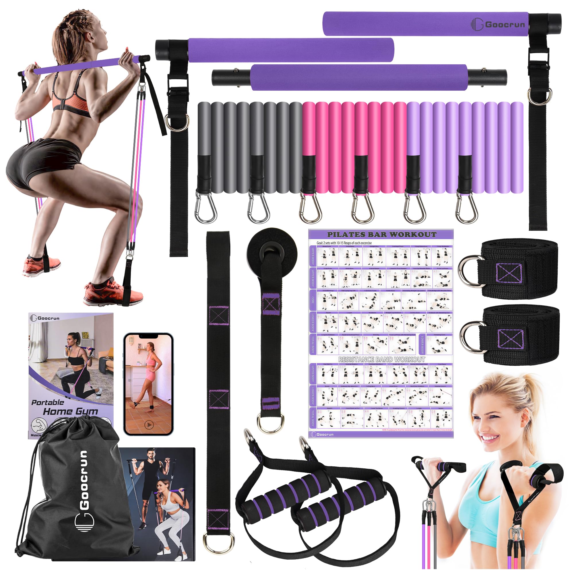 Multifunctional Pilates Bar Kit Home Gym, Resistance Bands Set with Handles and Door Anchor and Extension Straps - with Fitness Poster and Video
