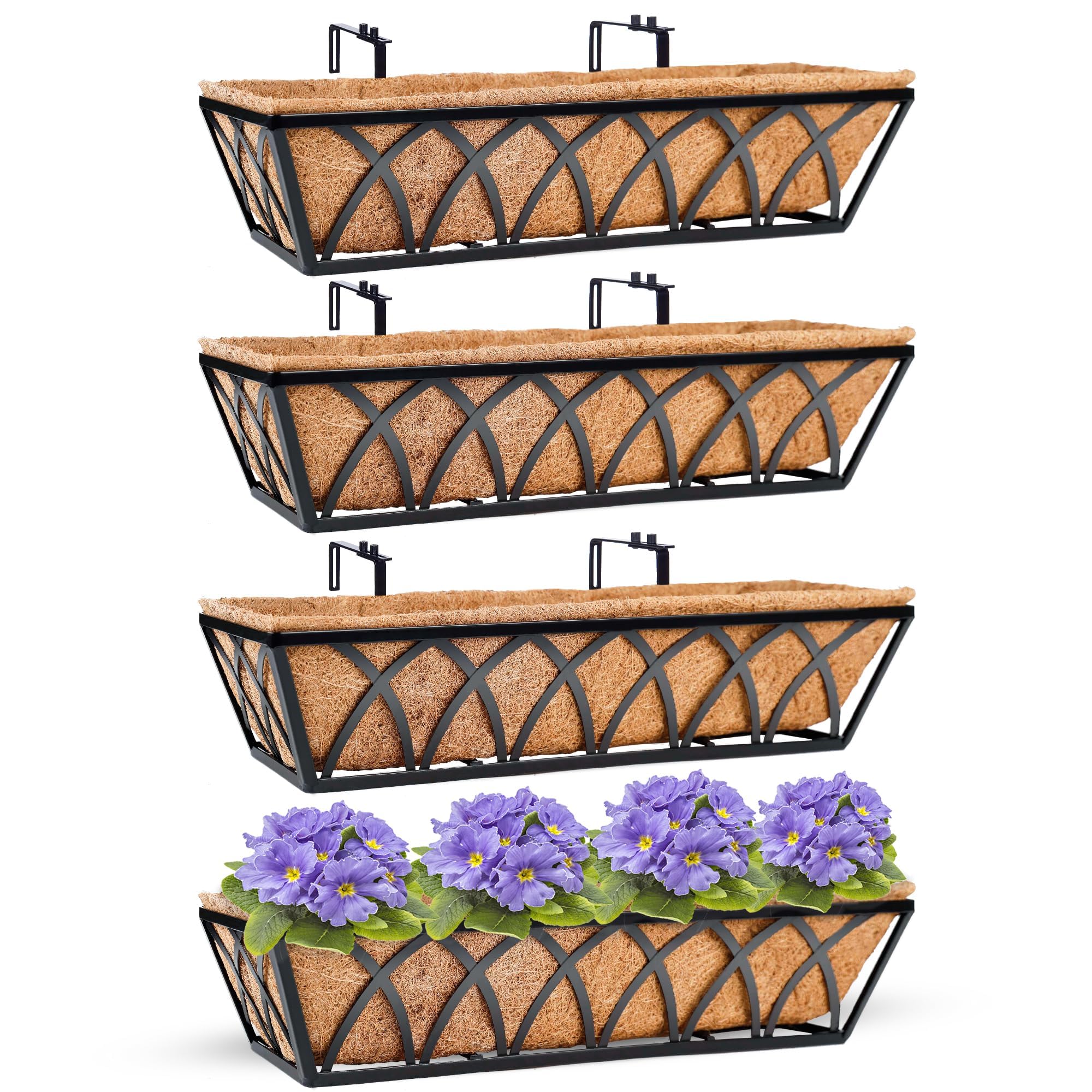 HFHOME 4Pcs 24"/60.9cm Hanging Flower Baskets, Wall Mounted Trough Basket with Coco Liner, Metal Railing Planter Box for Window Box Porch Balcony