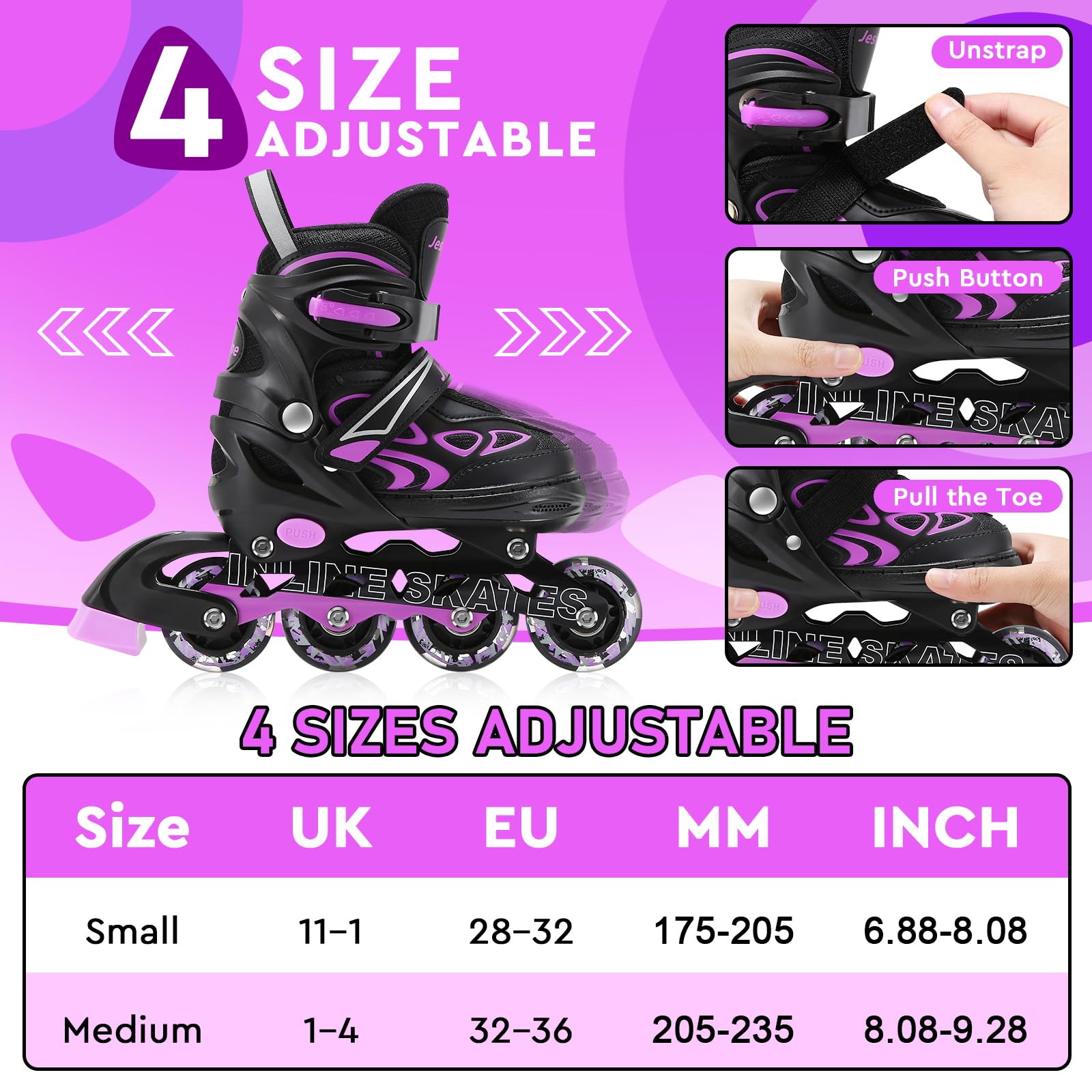 Adjustable Inline Skates for Kids, Girls Boys Light up Inline Skates Size Adjustable Roller Blades for Beginners (Small (UK 11-1))