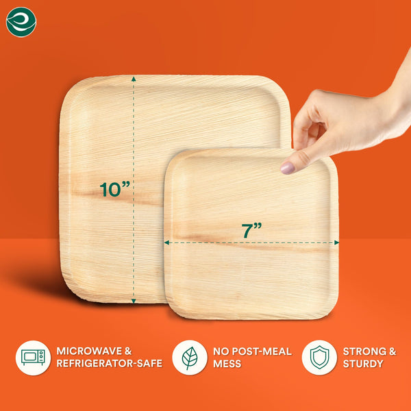 ECO SOUL 100 Palm Leaf Square Plates | 50 Large Dinner Plates, 50 Small Appetizer Plates | Compostable Bamboo-Like Disposable Tableware for Party,