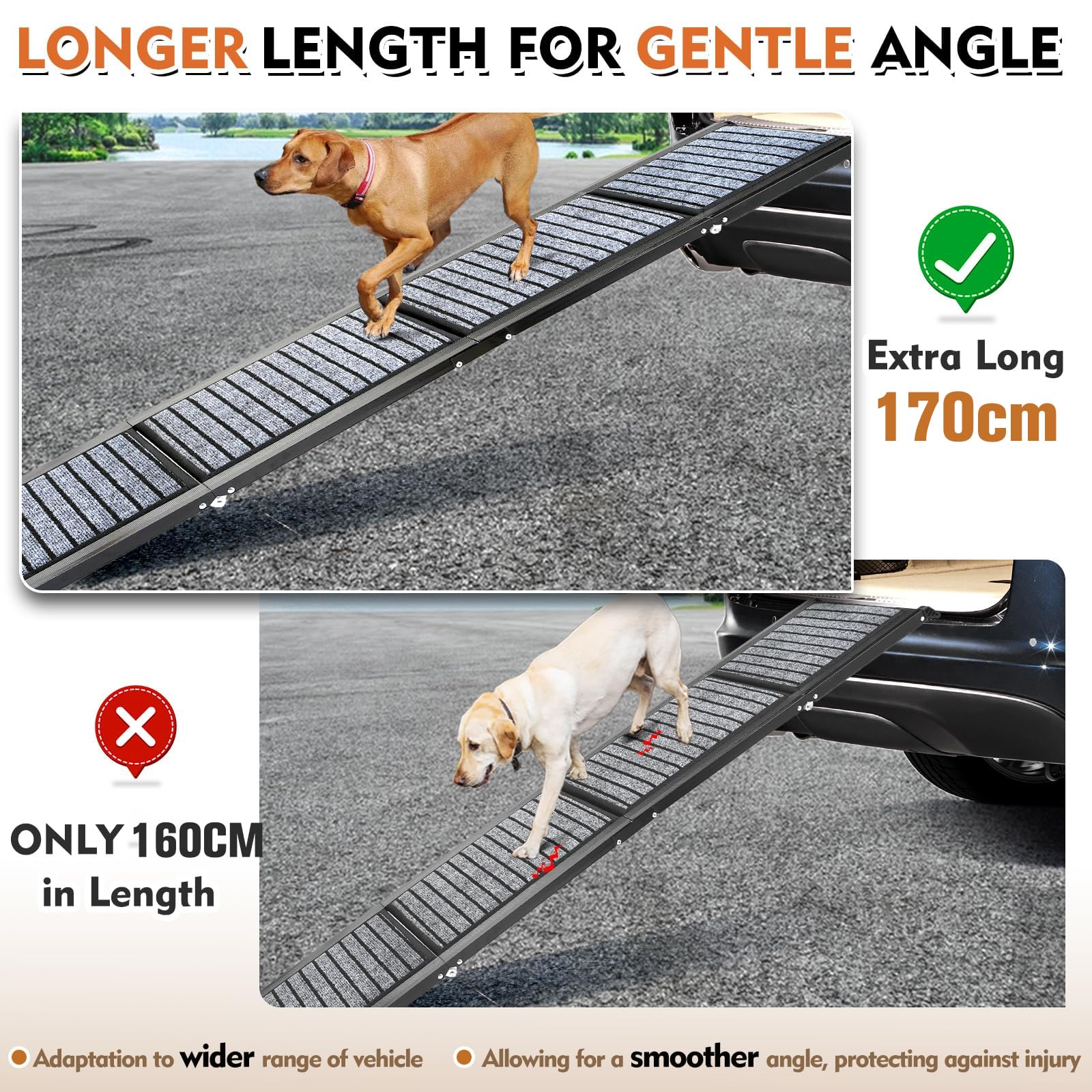 170cm Long Dog Ramp for Cars,43cm Wide Folding Dog Ramp for Large Dogs with High Traction Carpet Surface,Non-slip for Truck,SUV,Portable Pet Ramp Stairs for Medium Large Dog Up to 100kg