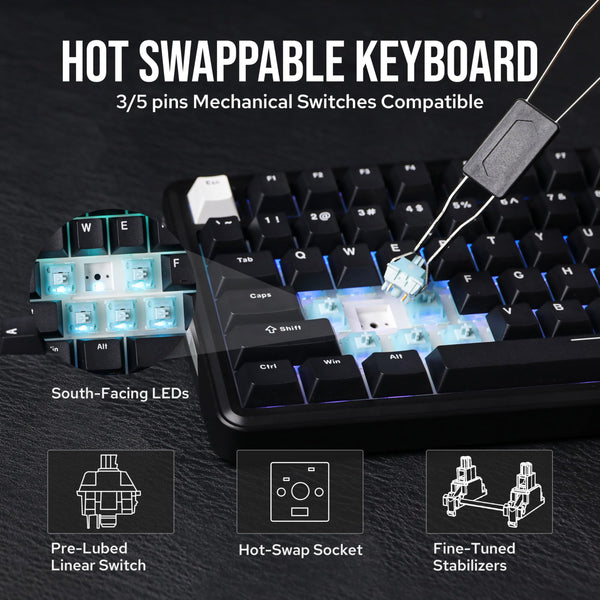 EPOMAKER TH85 QMK/VIA Mechanical Gaming Keyboard, BT/2.4Ghz Wireless, RGB, Hot-Swappable & Programmable Keys in US 75% Layout (Black&White, Creamy Jade Switch)
