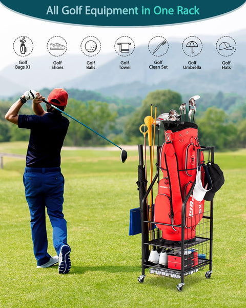 Golf Bag Storage Organizer- Golf Bag Stand Fit for Golf Equipment Accessories, Extra Large Golf Storage Rack for Garage
