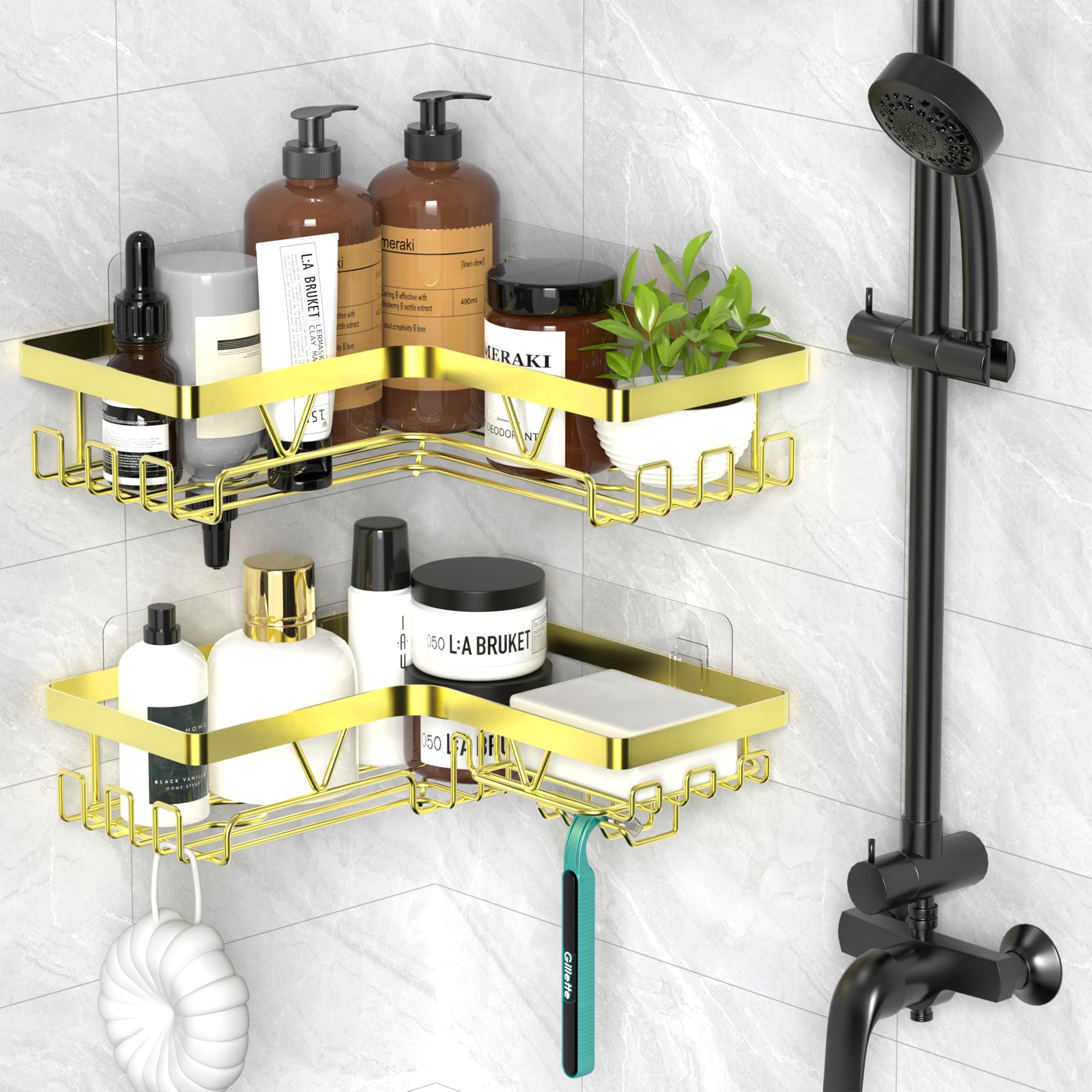 Kegii Telescopic Shower Caddy Corner - Stainless Steel Shower Shelf No Drilling Bathroom Caddy with Soap Holder and Hooks(White), On The Bath or Stand Up Shower