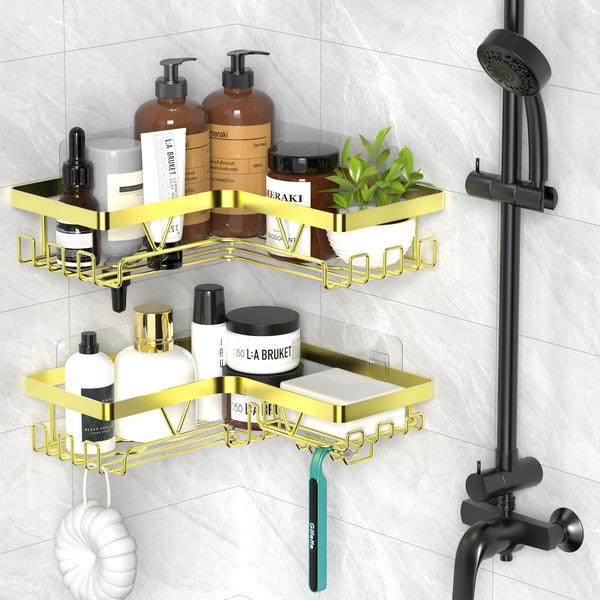 Kegii Telescopic Shower Caddy Corner - Stainless Steel Shower Shelf No Drilling Bathroom Caddy with Soap Holder and Hooks(White), On The Bath or Stand Up Shower