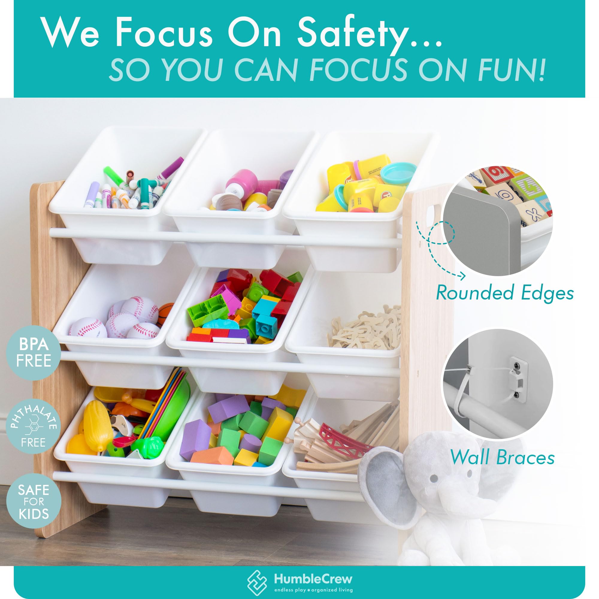 Humble Crew Journey Wooden Toy Storage Organiser for Children, with 9 BPA Free Plastic Removeable Storage Bins, Ideal for Storing Toys, Games, Books