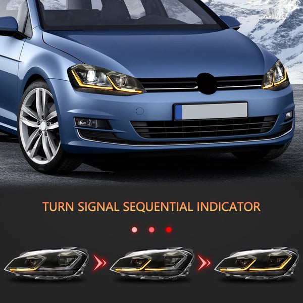 VLAND Headlights for GOLF 7 VII MK7 2012-2017 Front Lamps,with Sequential Indicator,Only Fit for Halogen Version (Sliver Stripe)