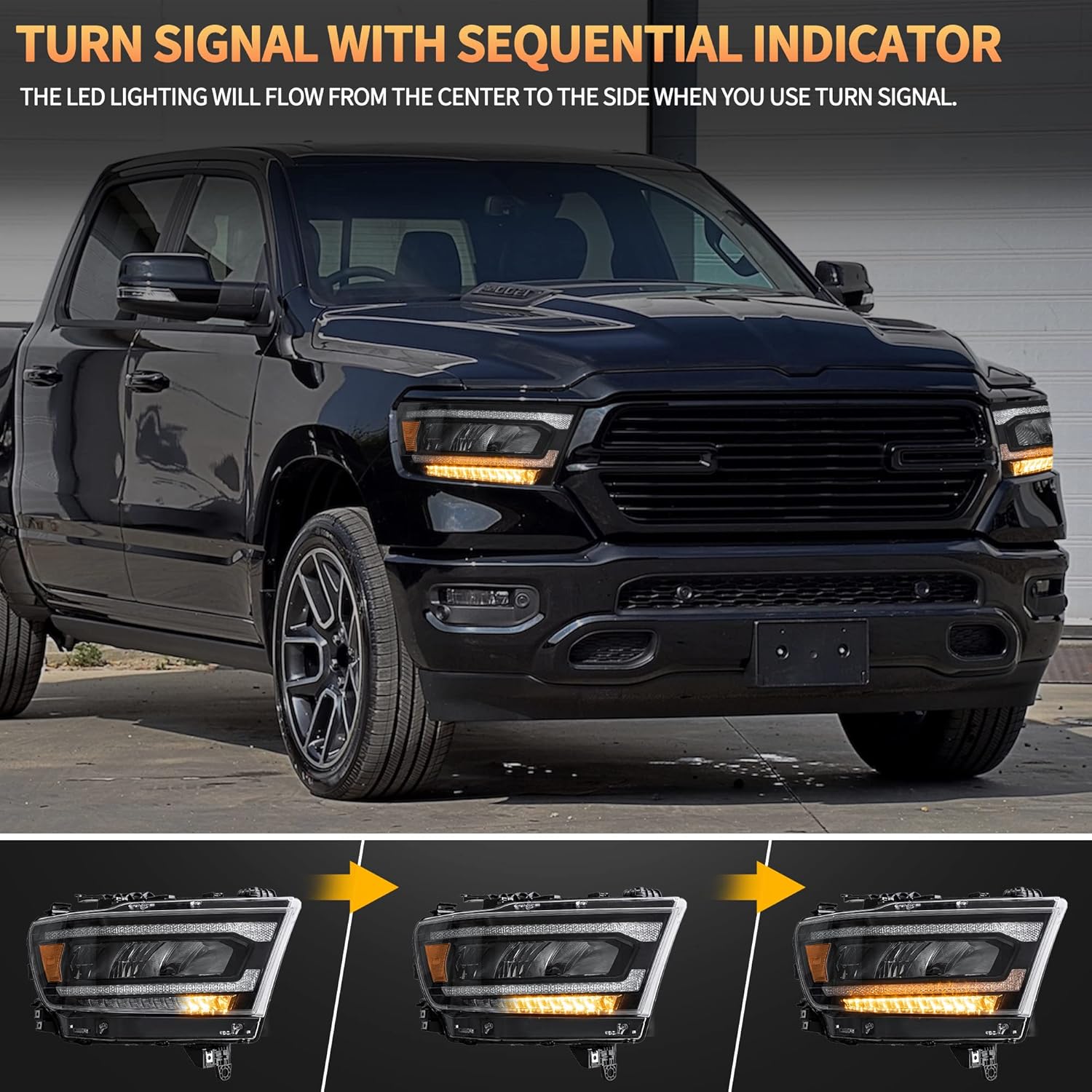 VLAND Motor LED Headlights compatible with 2019-2024 Ram 1500 Tradesman/Lone Star/Big Horn/Laramie/Rebel [Not fit classic, TRX, factory LED projector], w/Amber sequential indicator - Amber