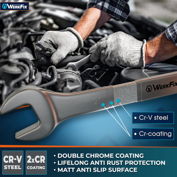 WerkFix Combination Spanner Set 15-Piece 6-21 mm Made of CRV Steel, Laser-Marked, matt-Finished, in tetron roll Bag