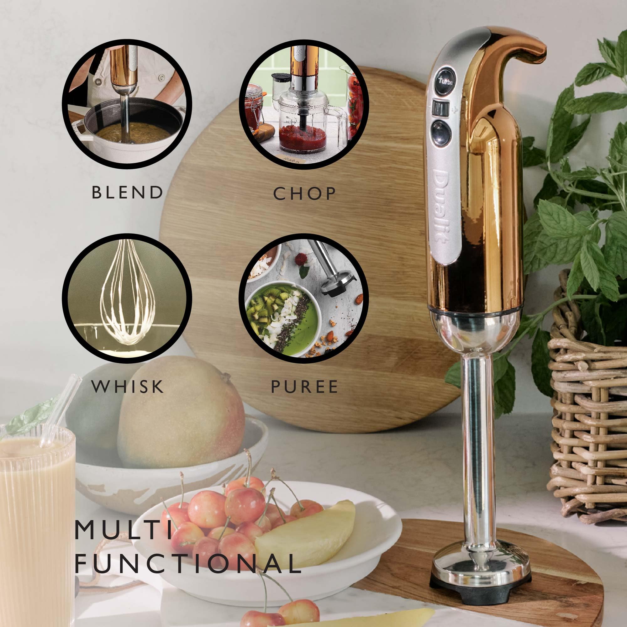 Dualit Copper Hand Blender Set | Handheld Stick Blender With Chopping Bowl, Whisk & 1L Measuring Jug | 700W Polished With Turbo Speed | For Soup,