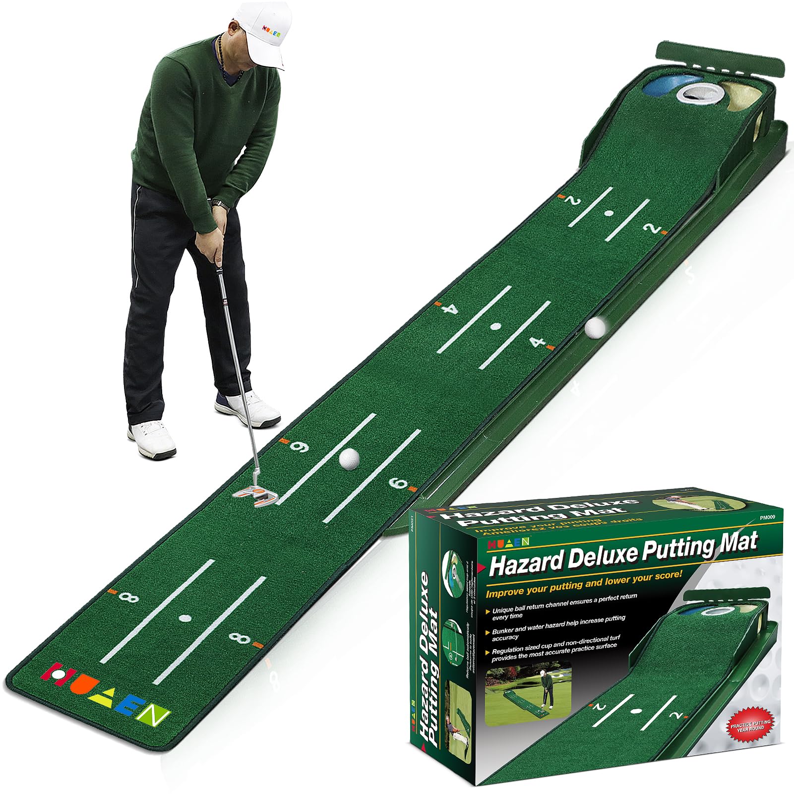 HUAEN Putting Green Mat for Indoors With Ball Return and 3 Holes - Golf Training and Practice Equipment for Home or Office - Accessories for Men