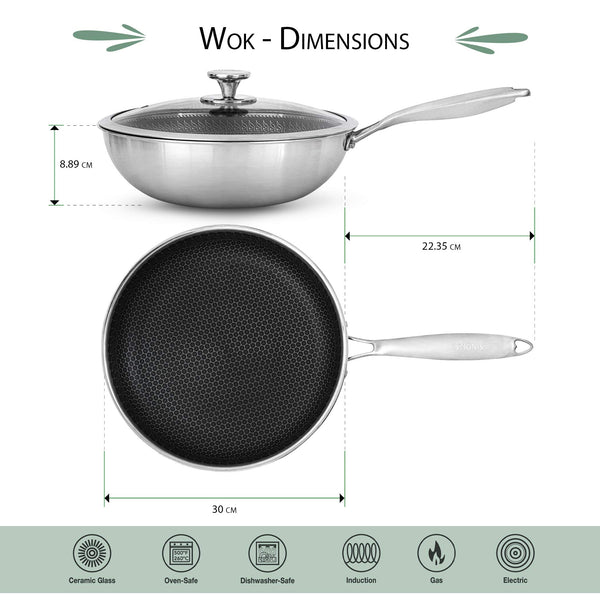 INTIGNIS Wok with Oven-Safe Lid - Anti Scratch Kitchen, for Sauting, Roasting, Broiling  Large 30cm Stainless-Steel Skillet - German GREBLON