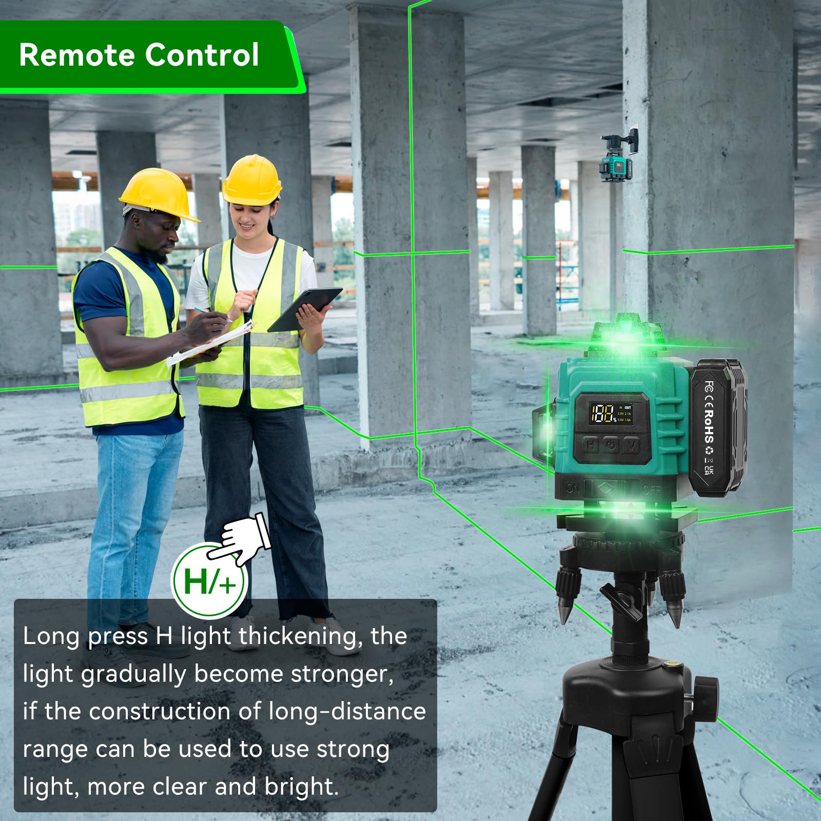 Laser Lever with Tripod, Healfith 4 x 360° 16 Lines Self Leveling Laser Level Green Lazer Level for Construction, Tile, Home Renovation, Picture Hanging