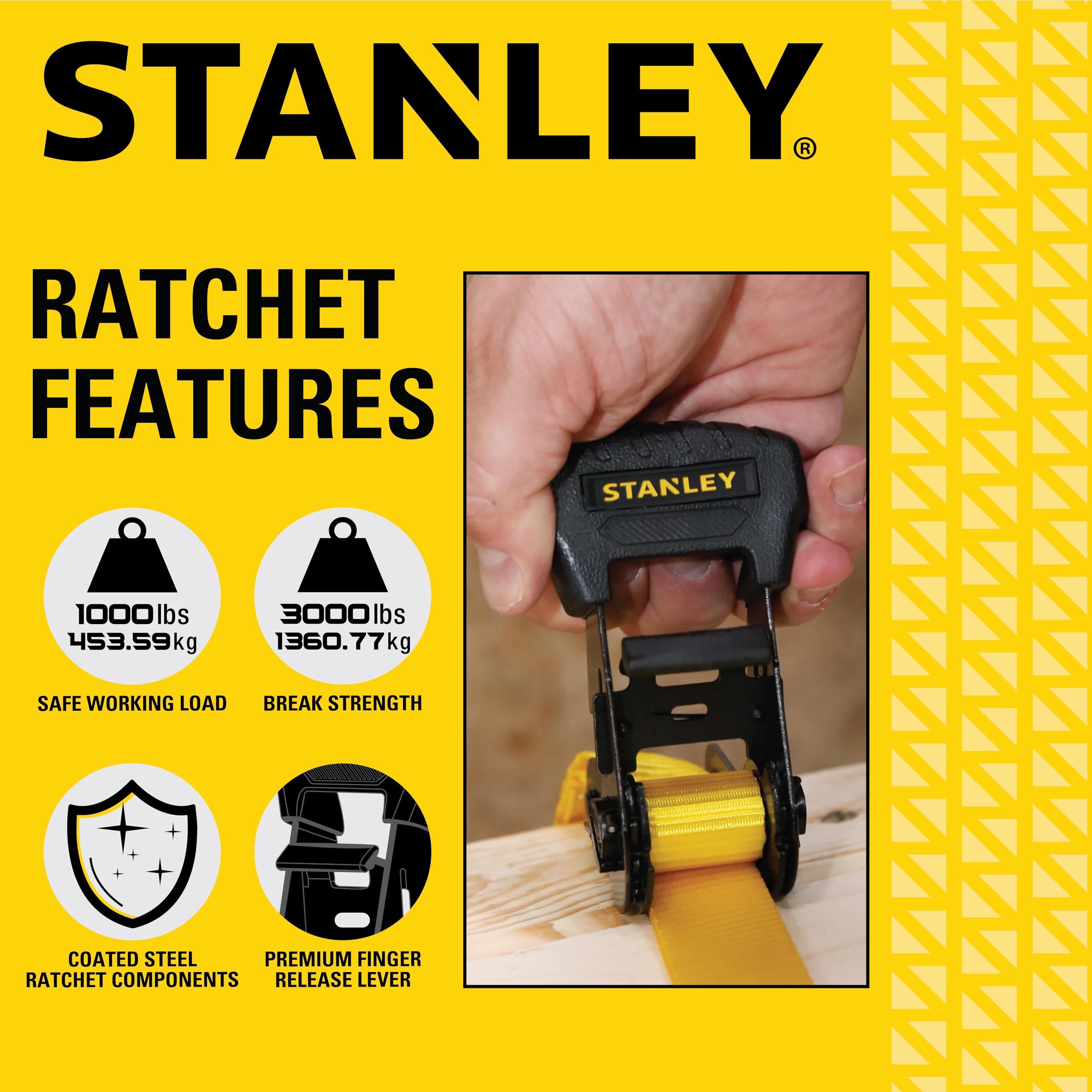 STANLEY S1007 Black/Yellow 1.5" x 16' Ratchet Tie Down Straps - 1,100 lb Safe Working Load / 3,300 lb Break Strength, 2 Pack