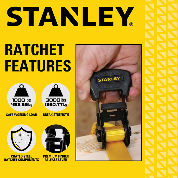 STANLEY S1007 Black/Yellow 1.5" x 16' Ratchet Tie Down Straps - 1,100 lb Safe Working Load / 3,300 lb Break Strength, 2 Pack