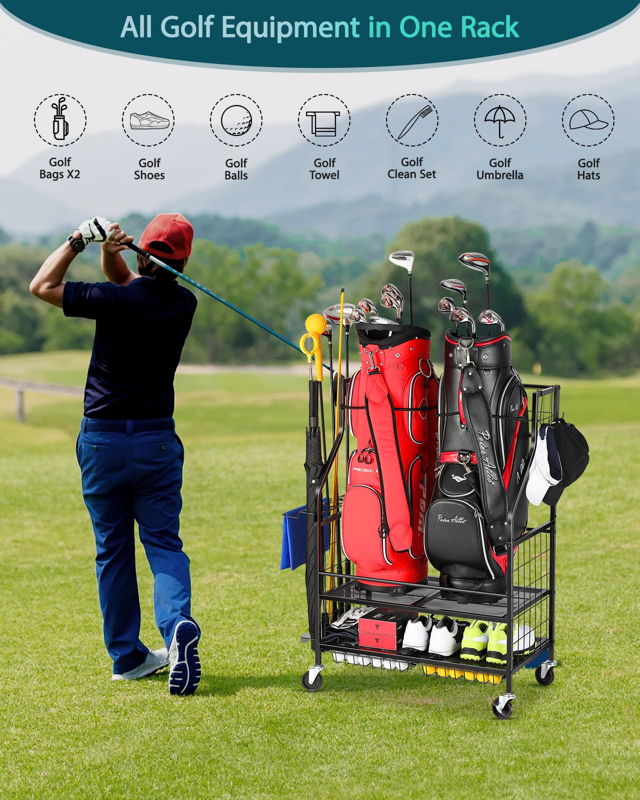 EXTCCT Golf Bag Storage Garage Organizer- Golf Bag Stand Fit for 2 Golf Bags and Golf Clubs, Golf Balls, Golf Equipment Accessories, Extra Large Golf