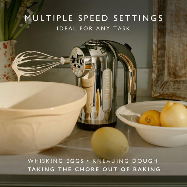 Dualit Hand Mixer Chrome - 400W - Strong Grip Handle - Attachments Included - Integral Plug Storage - 4 Speed Settings - Repairable gears - Flat