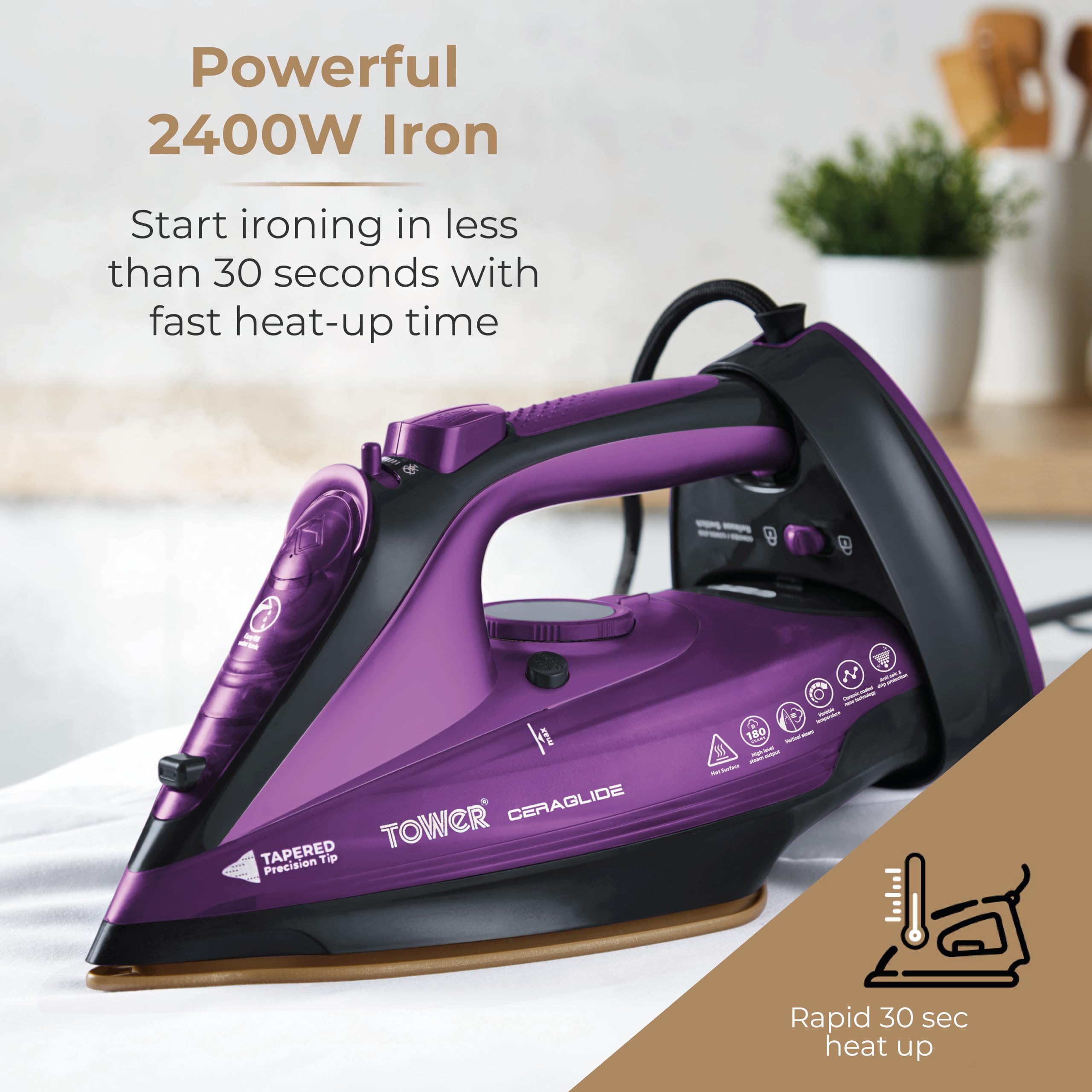 Tower T22008 CeraGlide Cordless Steam Iron with Ceramic Soleplate and Variable Steam Function, 2400 W, Purple